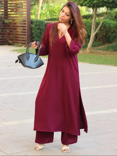 Maroon Plain Cotton Kurti Pant Set Of 2 - BONYHUBSALWAR KAMEEZ