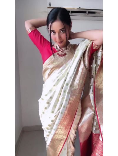 Cream Red 1 Minute Banarasi Saree Ready to Wear Sari UK Next Day - BONYHUBSAREE