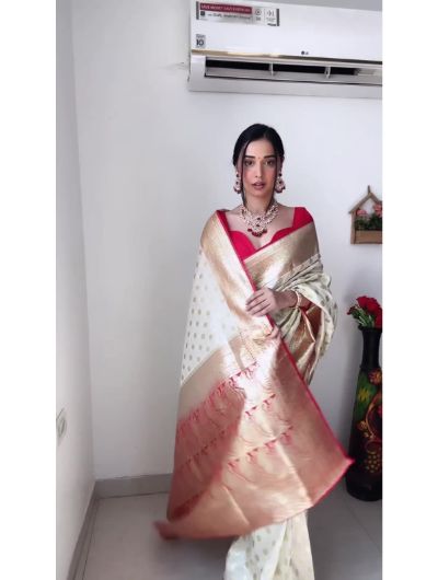 Cream Red 1 Minute Banarasi Saree Ready to Wear Sari UK Next Day - BONYHUBSAREE