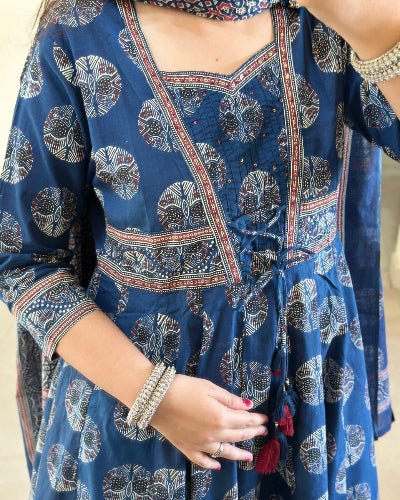Blue Cotton Angharakha Style Anarkali Suit - BONYHUBSALWAR KAMEEZ