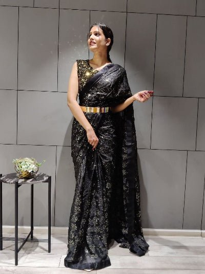 1 Min Black Designers Sequins Stitched Readymade Saree - BONYHUBSAREE