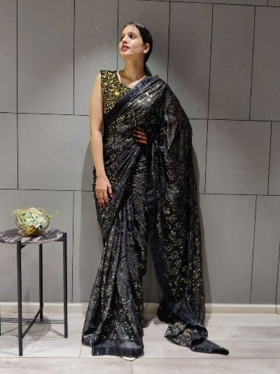 1 Min Black Designers Sequins Stitched Readymade Saree - BONYHUBSAREE
