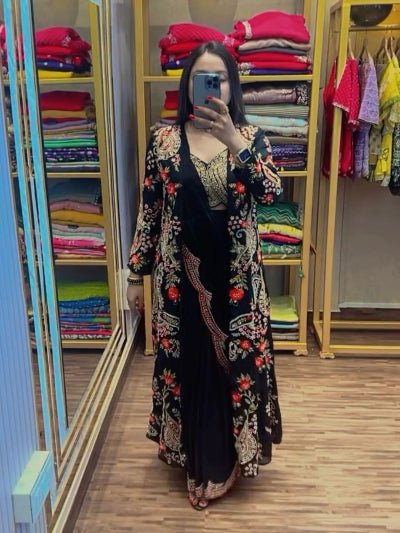 1 Min Black Embroidered Ready to Wear Stitched Saree Blouse & Koti - BONYHUBSAREE