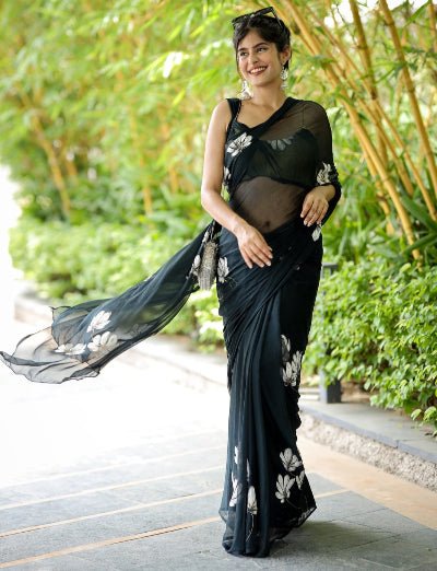 1 Min Black Floral Georgette Stitched Readymade Saree - BONYHUBSAREE