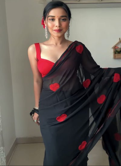 1 Min Black Georgette Red Heart Design Stitched Readymade Saree - BONYHUBSAREE