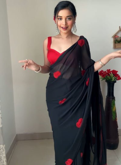 1 Min Black Georgette Red Heart Design Stitched Readymade Saree - BONYHUBSAREE