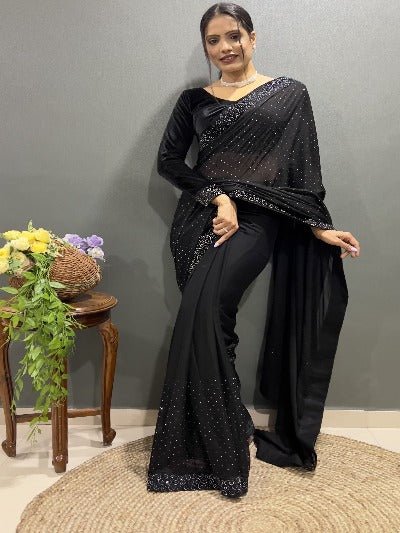 1 Min Black Silk Readymade Saree Velvet Blouse UK Next Day - BONYHUBSAREE
