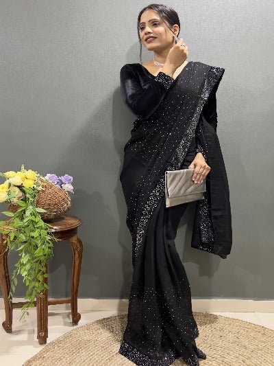 1 Min Black Silk Readymade Saree Velvet Blouse UK Next Day - BONYHUBSAREE
