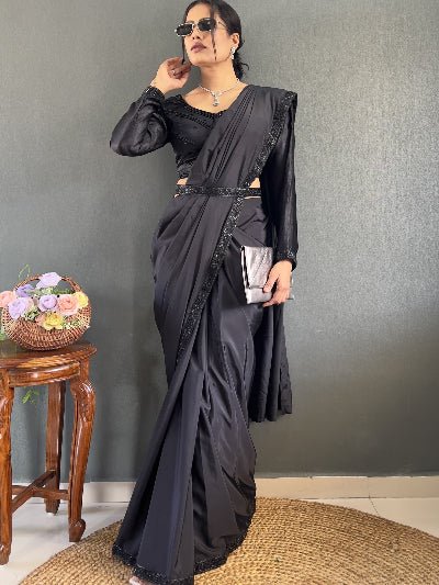 1 Min Black Stunning Hand Work Stitched Readymade Saree+ Blouse - BONYHUBSAREE
