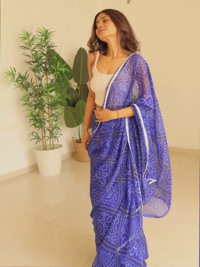 1 Min Blue Bandhani Georgette Stitched Readymade Saree - BONYHUBSAREE