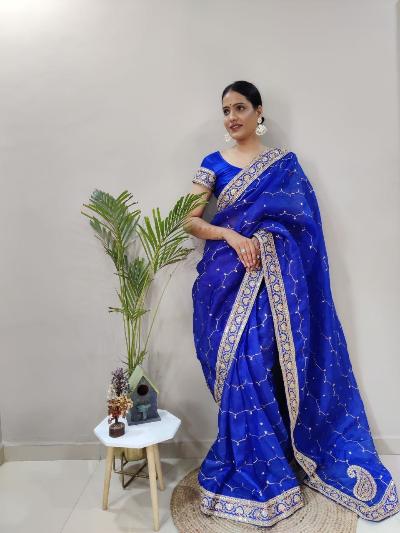 1 Min Blue Khadi Organza Silk Stitched Readymade Saree - BONYHUBSAREE