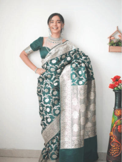 1 Min Bottle Green Soft Litchi Silk Stitched Readymade Saree - BONYHUBSAREE