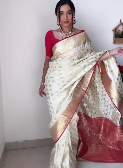 1 Min Cream Red Gold Zari Jacquard Stitched Readymade Saree - BONYHUBSAREE