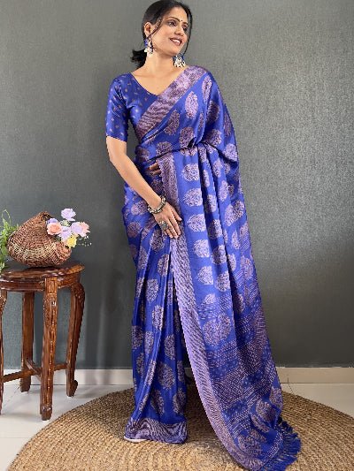 1 Min Electric Blue Soft Moss Silk Stitched Readymade Saree - BONYHUBSAREE