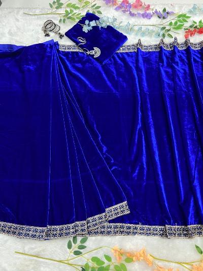 1 Min Electric Blue Velvet Stitched Readymade Saree - BONYHUBSAREE