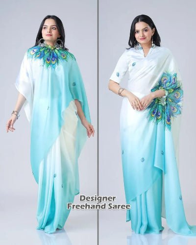 1 Min Free Hand Blue & White Designer Ready To Wear Saree - BONYHUBSAREE
