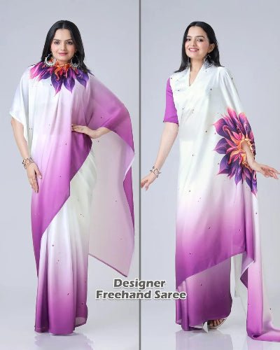1 Min Free Hand Lilac & White Designer Ready To Wear Saree - BONYHUBSAREE
