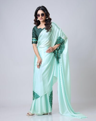 1 Min Free Hand Mint Green Designer Ready To Wear Saree - BONYHUBSAREE