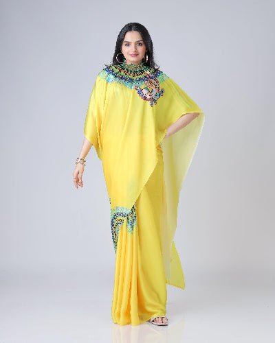 1 Min Free Hand Yellow Designer Ready To Wear Saree - BONYHUBSAREE