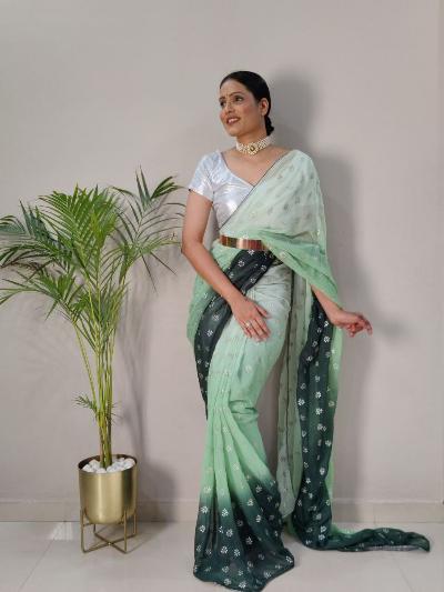 1 Min Georgette Embellished Foil Work Stitched Readymade Saree - BONYHUBSAREE