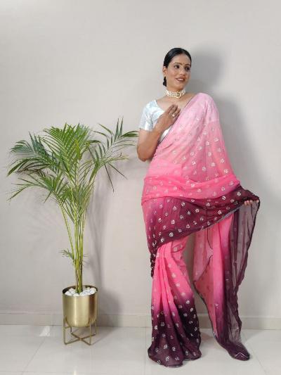 1 Min Georgette Embellished Foil Work Stitched Readymade Saree - BONYHUBSAREE