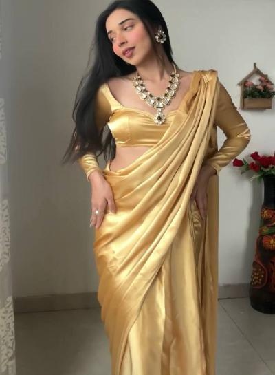 1 Min Gold Satin Silk Stitched Readymade Saree - BONYHUBSAREE