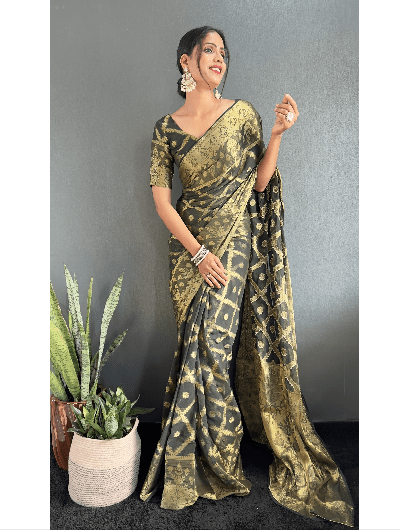 1 Min Green Georgette Bandhani Print Stitched Readymade Saree UK Next Day - BONYHUBSAREE