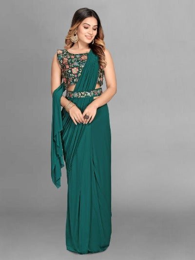 1 Min Green Ruffles Pleated Readymade Saree & Blouse UK Next Day - BONYHUBSAREE