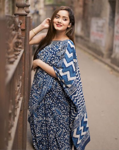 1 Min Indigo Blue Linen Silk Stitched Readymade Saree - BONYHUBSAREE