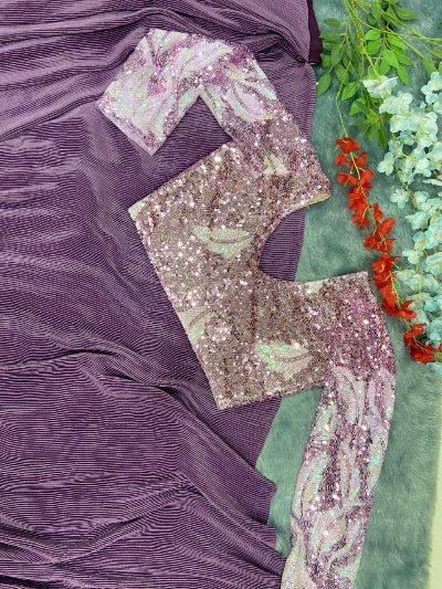 1 Min Lavender Embellished Crush Work Stitched Readymade Saree - BONYHUBSAREE