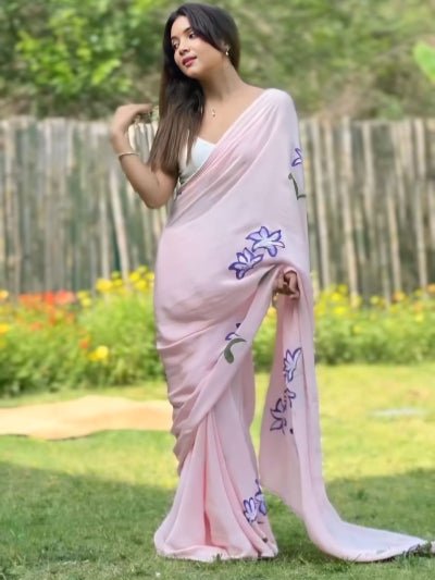 1 Min Light Pink Pure Georgette Stitched Readymade Saree - BONYHUBSAREE