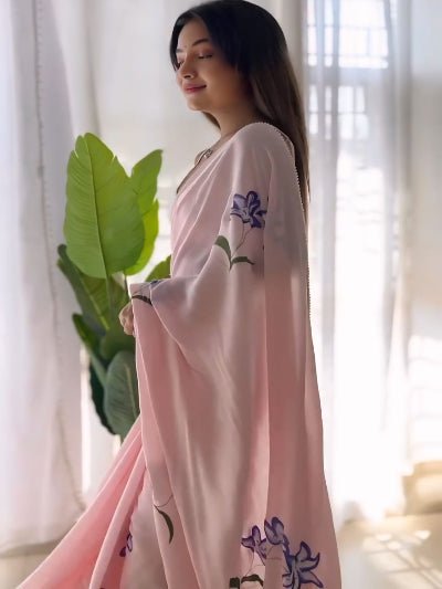 1 Min Light Pink Pure Georgette Stitched Readymade Saree - BONYHUBSAREE