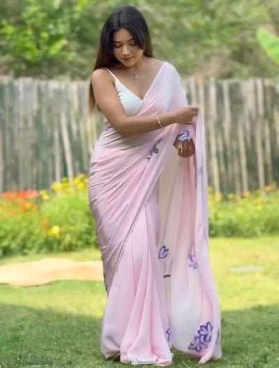 1 Min Light Pink Pure Georgette Stitched Readymade Saree - BONYHUBSAREE