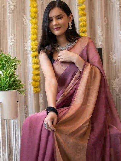 1 Min Mauve Pink Soft Chiffon Silk Stitched Readymade Saree - BONYHUBSAREE