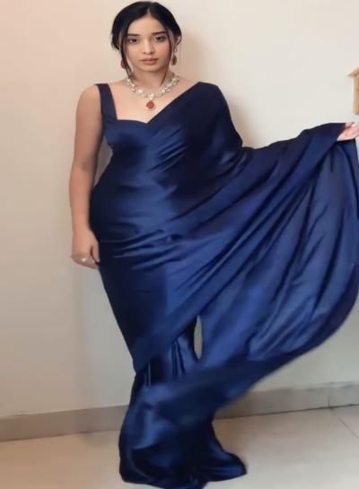 1 Min Navy Blue Satin Silk Stitched Readymade Saree - BONYHUBSAREE