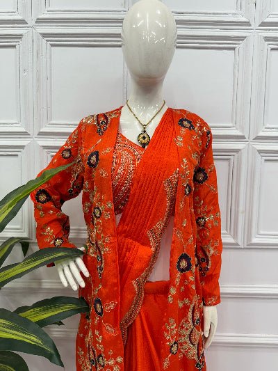 1 Min Orange Embroidered Ready to Wear Stitched Saree Blouse & Koti - BONYHUBSAREE