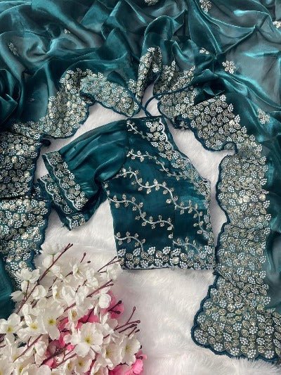 1 Min Organza Silk Stitched Readymade Saree & Stitched Blouse - BONYHUBSAREE