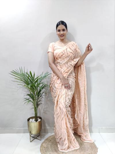 1 Min Peach Sequins Embellished Stitched Readymade Saree - BONYHUBSAREE