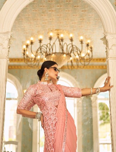 1 Min Peach Stylish Designer Readymade Saree+ Blouse - BONYHUBSAREE