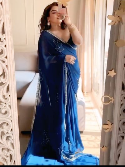 1 Min Peacock Blue Georgette Ready To Wear Saree & Stitched Blouse - BONYHUBSAREE