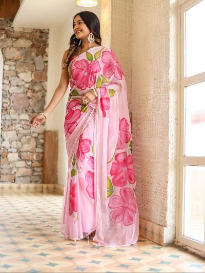 1 Min Pink Georgette Floral Print Stitched Readymade Saree - BONYHUBSAREE
