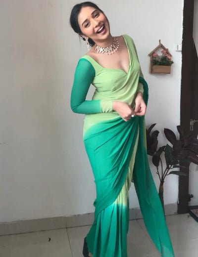 1 Min Pista Green Georgette Dual Shaded Stitched Readymade Saree - BONYHUBSAREE