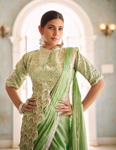 1 Min Pista Green Stylish Designer Readymade Saree+ Blouse - BONYHUBSAREE
