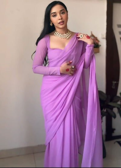 1 Min Plain Lavender Soft Georgette Stitched Readymade Saree - BONYHUBSAREE