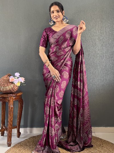 1 Min Plum Soft Moss Silk Stitched Readymade Saree - BONYHUBSAREE