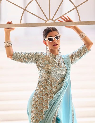1 Min Powder Blue Stylish Designer Readymade Saree+ Blouse - BONYHUBSAREE