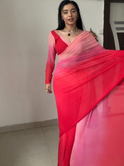 1 Min Red Georgette Dual Shaded Stitched Readymade Saree - BONYHUBSAREE