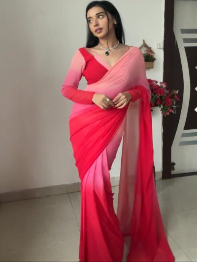 1 Min Red Georgette Dual Shaded Stitched Readymade Saree - BONYHUBSAREE