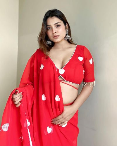 1 Min Red Georgette White Heart Design Stitched Readymade Saree - BONYHUBSAREE