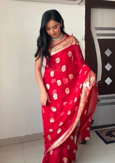 1 Min Red Self Weaving Stitched Readymade Saree With Blouse UK Next Day - BONYHUBSAREE
